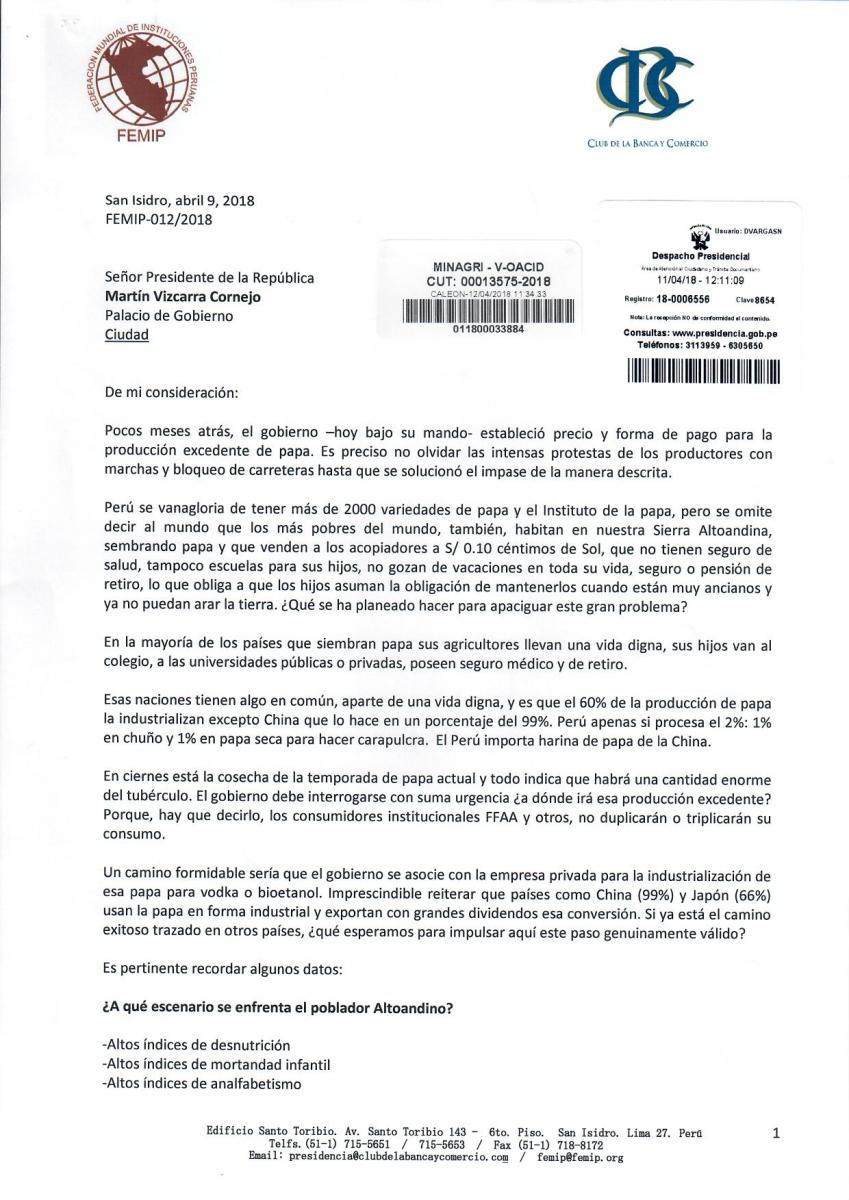 Carta enviada al presidente Martín Vizcarra